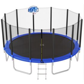 16FT Trampoline For Kids With Safety Enclosure Net, Basketball Hoop And Ladder, Easy Assembly Round Outdoor Recreational Trampoline (Color: Blue)