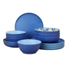 Bamboo Melamine 12-Piece Dinnerware Set (Color: Blue)